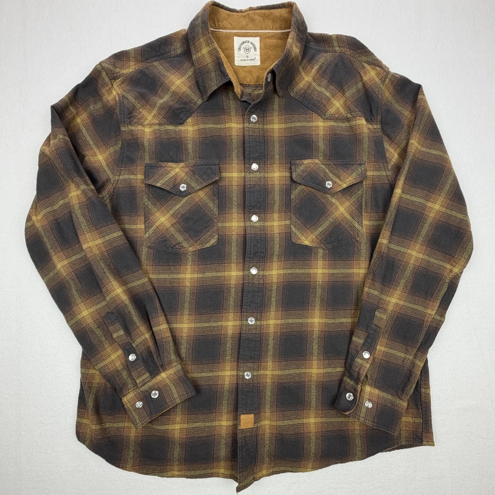 Dubinik Men XL Brown Plaid Western Flannel Shirt Pearl Snap 10% Cotton